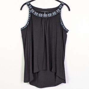 WHBM Black Cold Shoulder Embroidered Trim Top